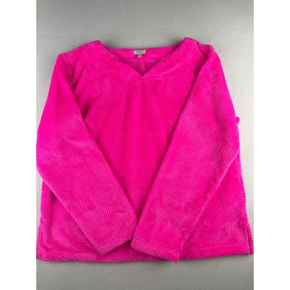 Talbots Neon Pink Fuzzy Fleece V-Neck Pullover Sweater Womens Large ID7203